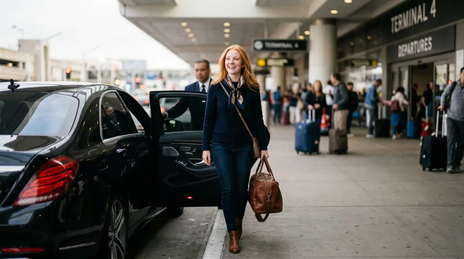 Traveler arriving at airport curbside for expansive Chase Sapphire Reserve lounge network access