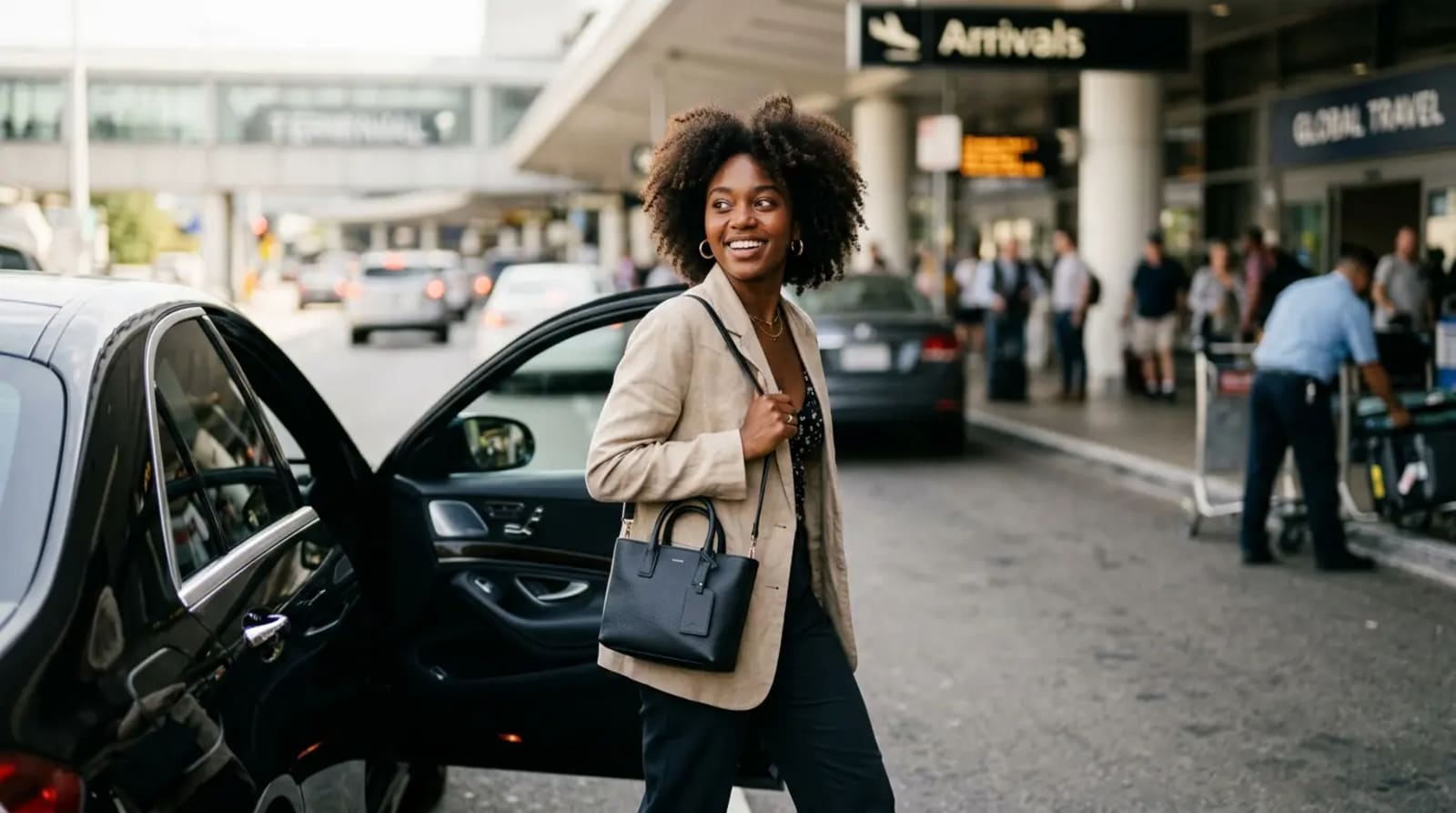 Traveler arriving at airport curbside for aspirational luxury travel journey with Chase Sapphire Reserve benefits