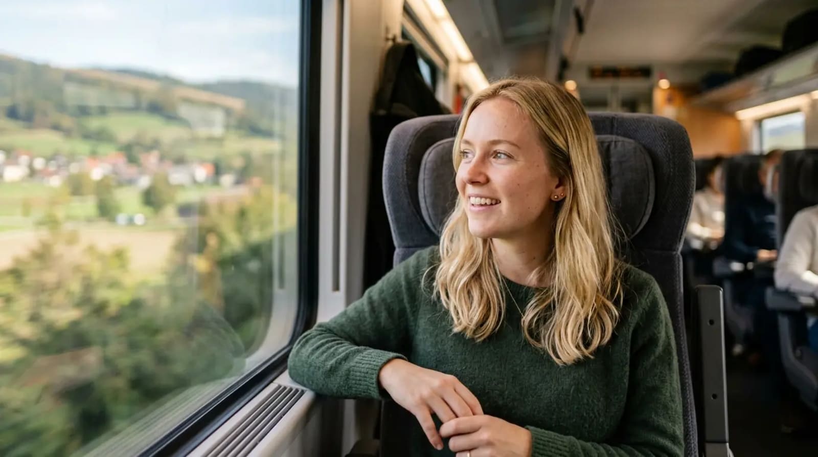 Traveler in business-class rail car discovering the full Chase Sapphire Reserve credit portfolio value
