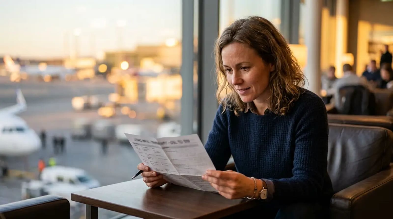Traveler reviewing long-haul award options in a premium airport lounge at golden hour