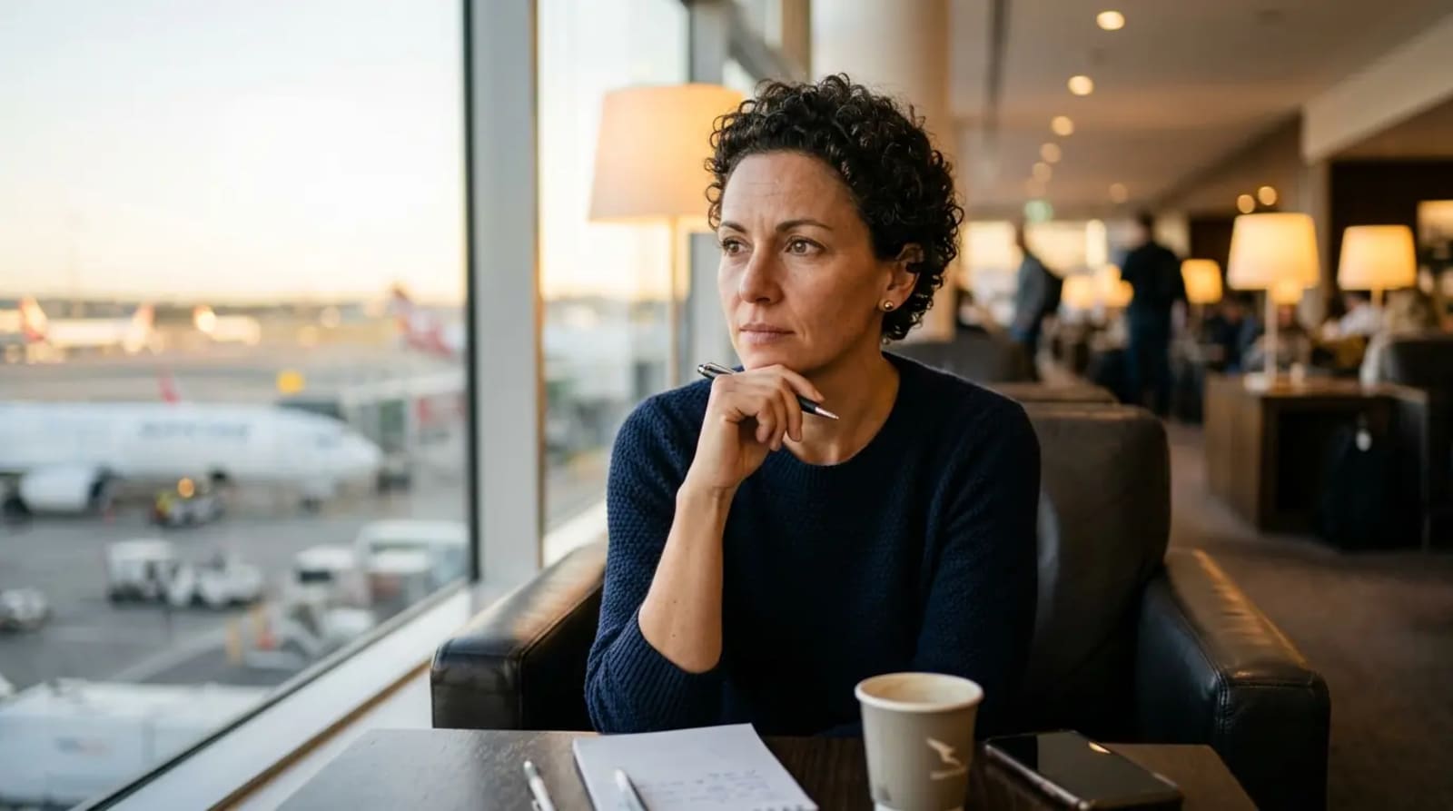 Traveler reflecting on Rove Miles Qantas transfer bonus options in premium airport lounge