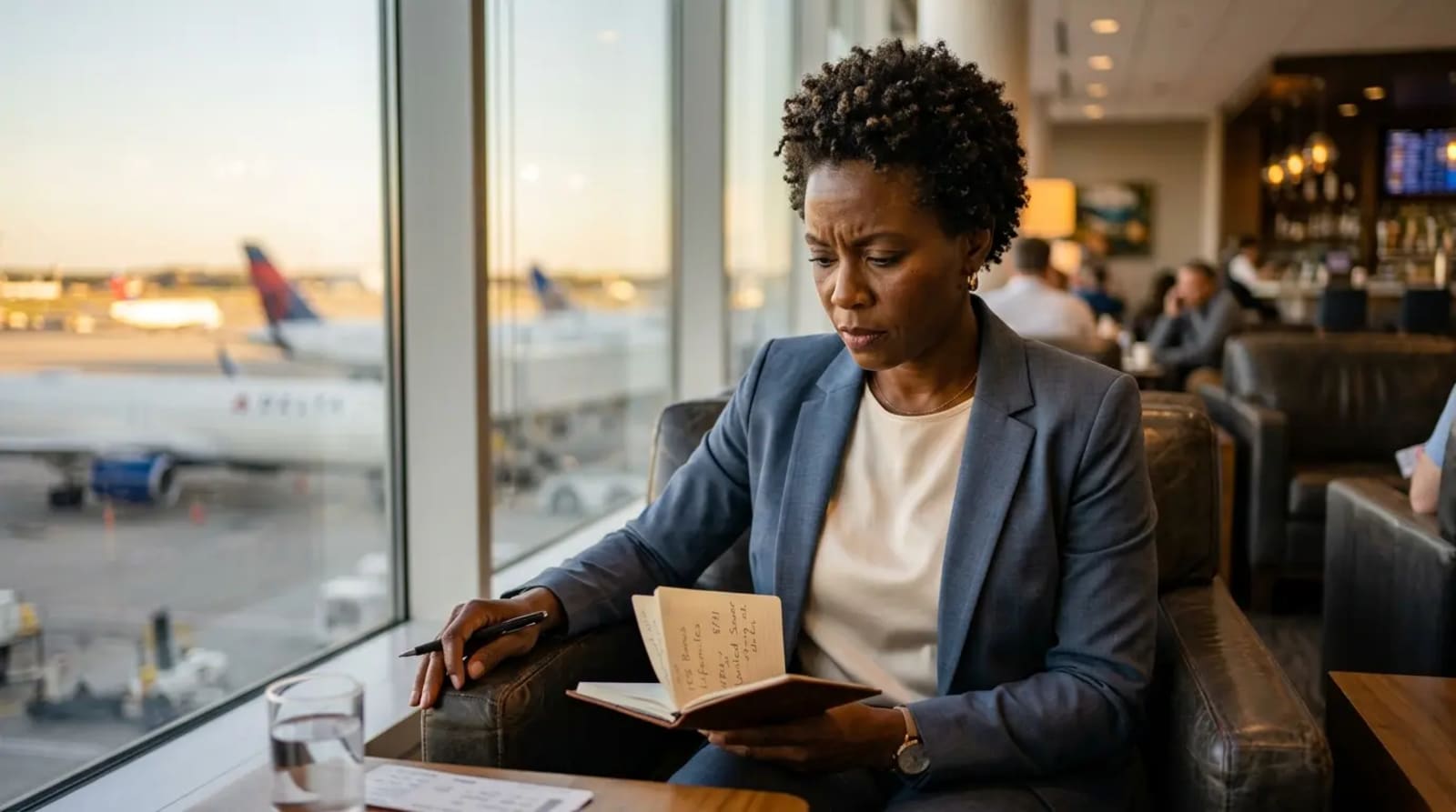 Traveler in premium airport lounge evaluating the 15% Capital One LifeMiles bonus window