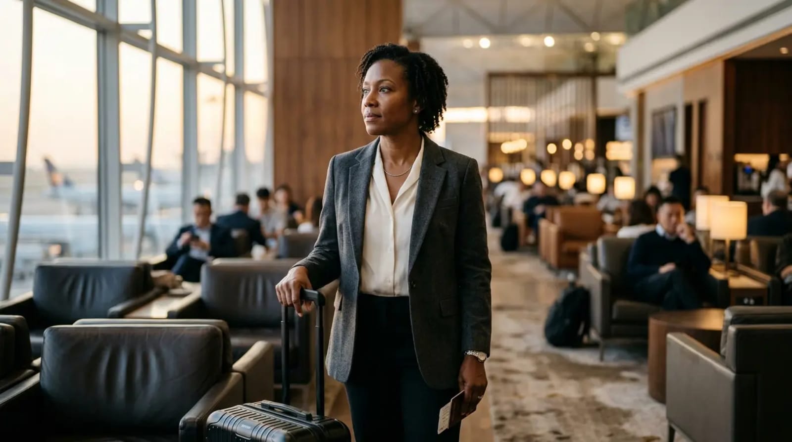 Traveler reflecting on lounge access changes inside a premium airport lounge