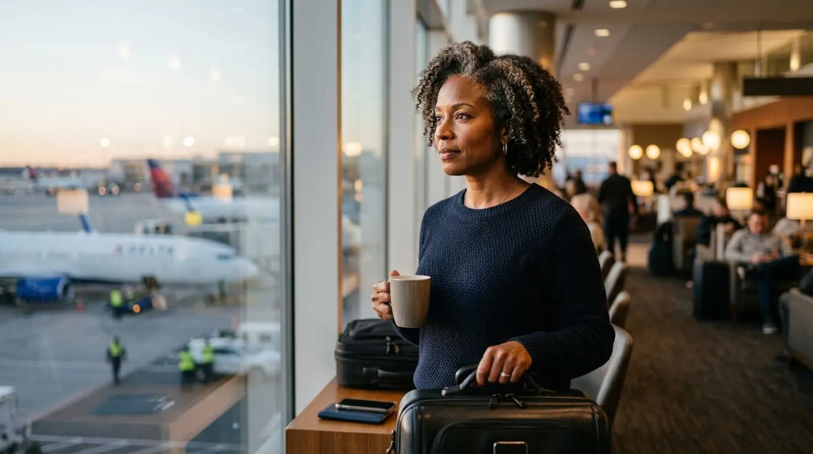 Traveler reflecting in premium airport lounge with city views