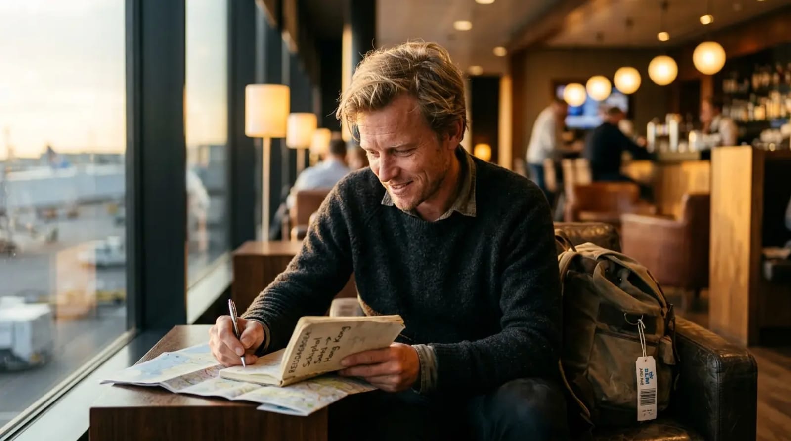 Traveler in premium airport lounge reviewing Capital One Venture X 2026 partner and lounge update