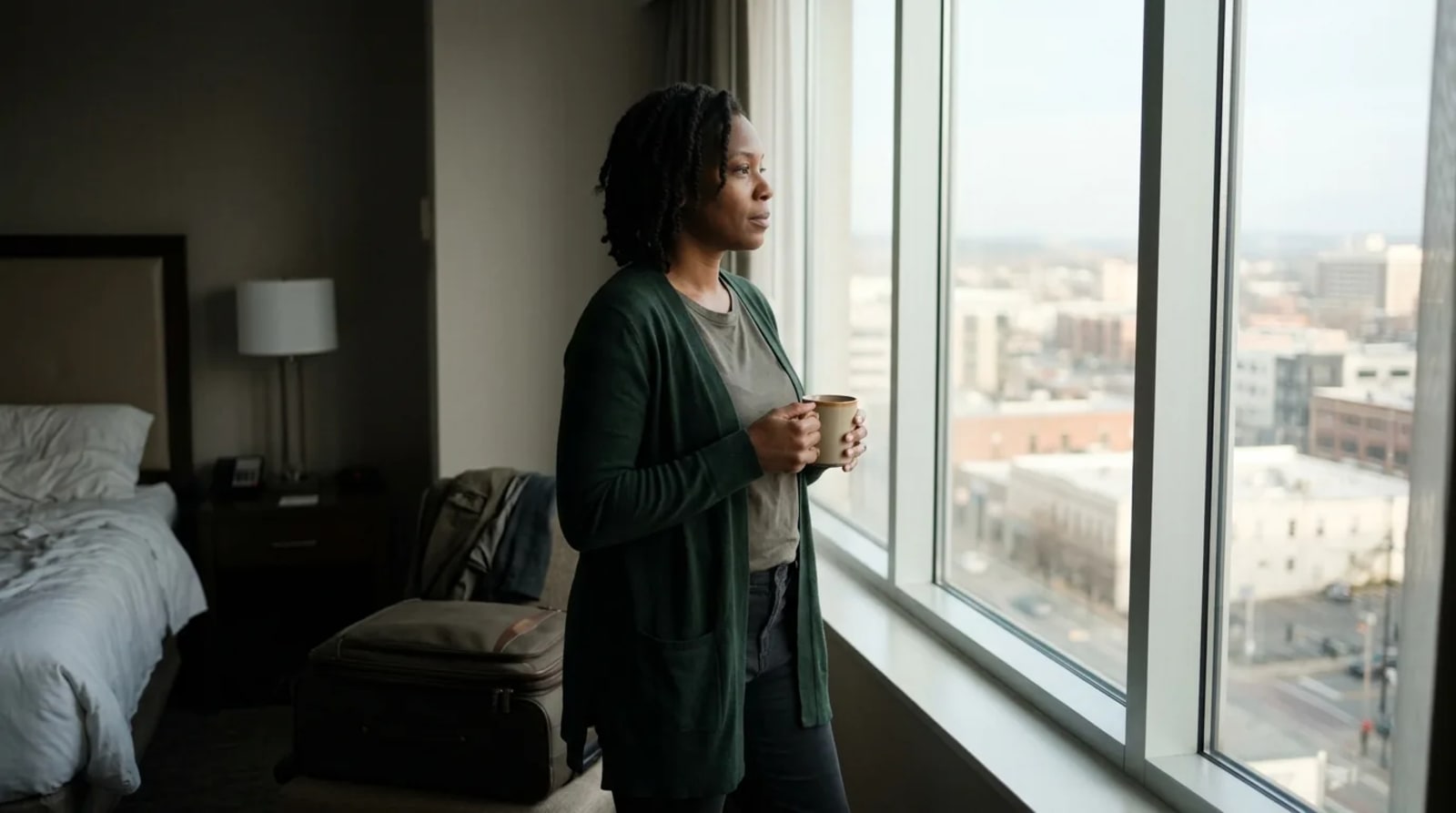 Traveler at a hotel-room window planning Amex Plat vs CSR vs Venture X