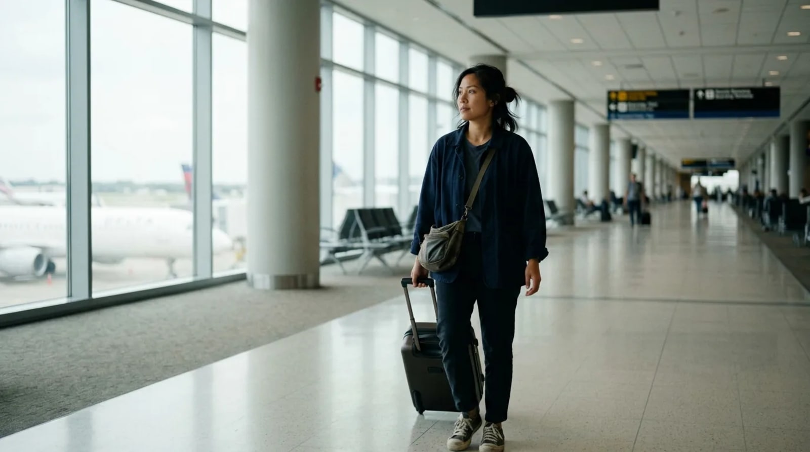 Traveler on a calm airport pier with carry-on near Terminal D gates