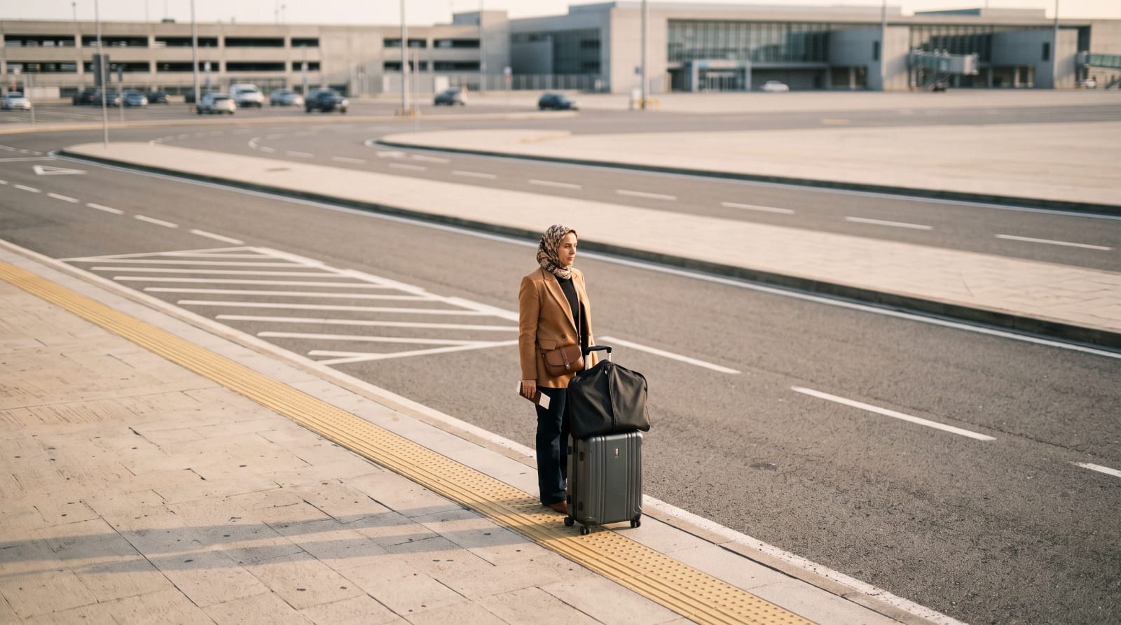Traveler waiting with luggage at a quiet airport curb in warm low sun