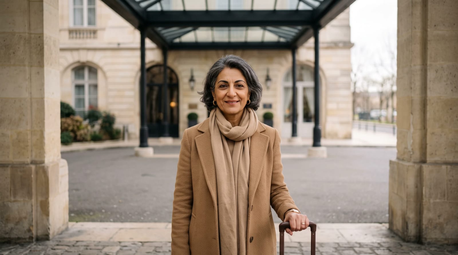 Traveler in a camel coat standing under a hotel canopy with a small suitcase at midday