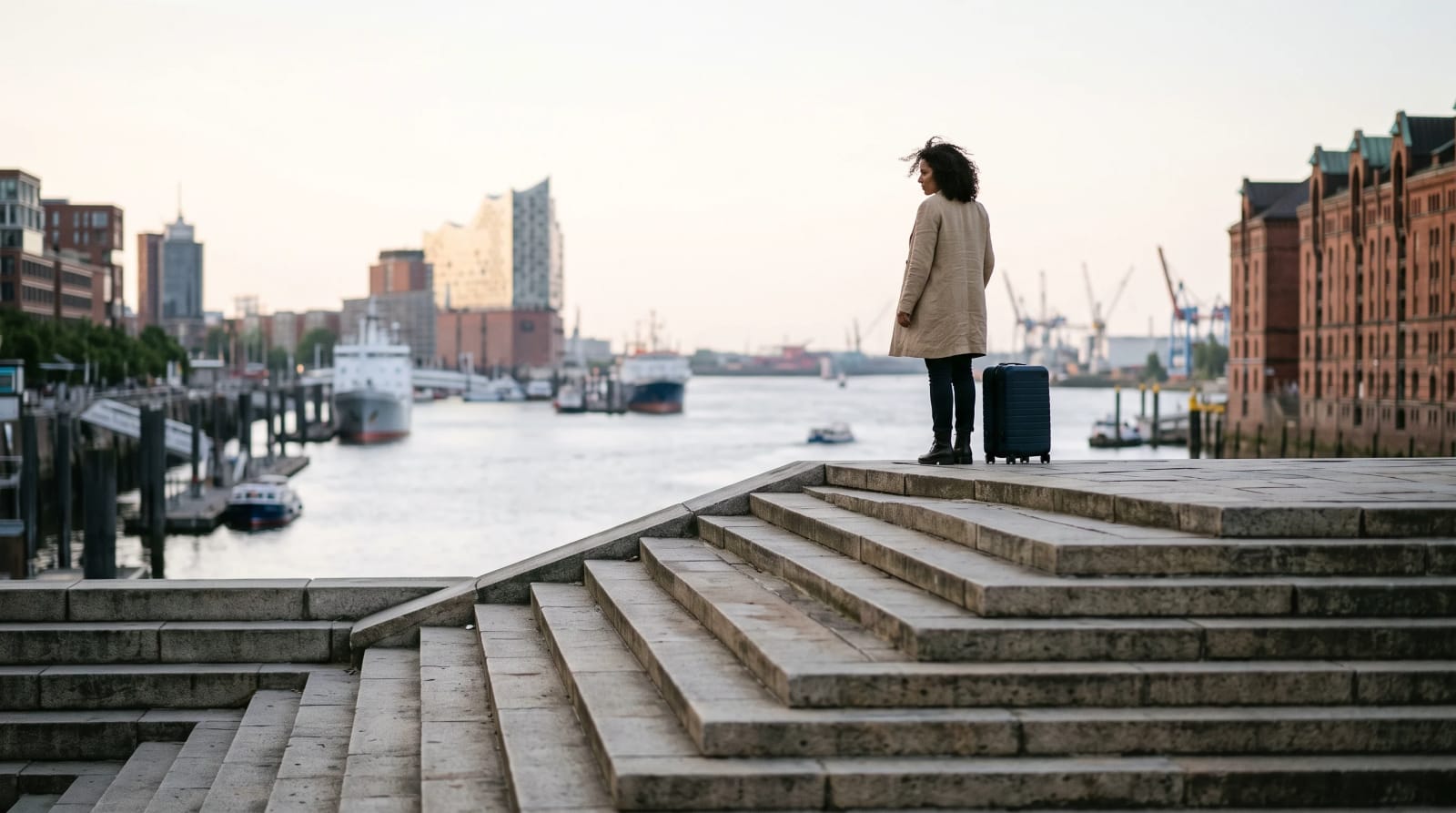Traveler alone at the top of stone harbor steps in early morning