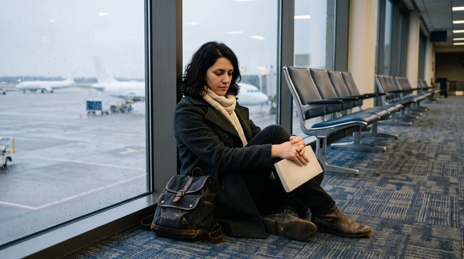 Traveler seated on an airport floor against a gate window with a paperback