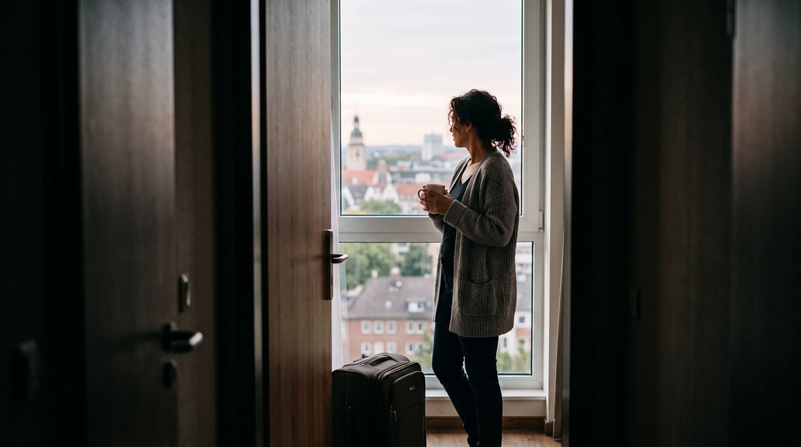 Traveler with a mug at a hotel window in Hanover, seen through a half-open door