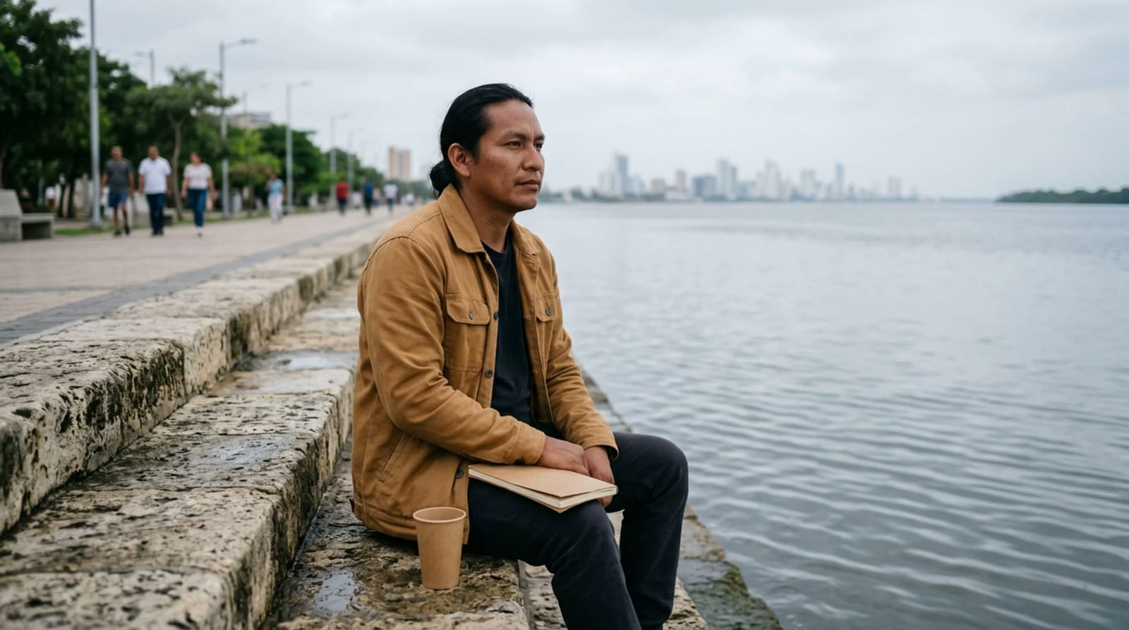 Man in a camel jacket seated on a stone seawall step at a quiet waterfront with a closed notebook and a paper cup