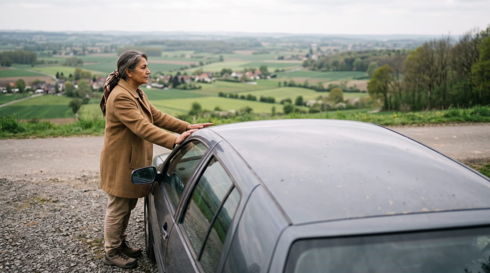 Traveler resting both hands on a parked car roof at a gravel valley pullout