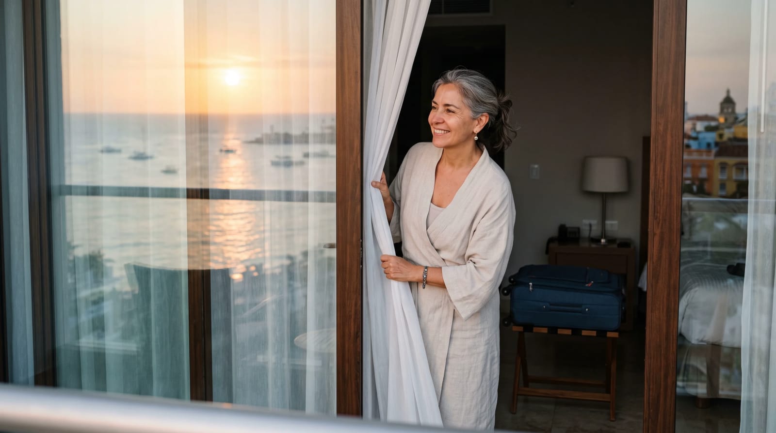 Woman opening sheer curtains onto a Cartagena sea view at sunrise