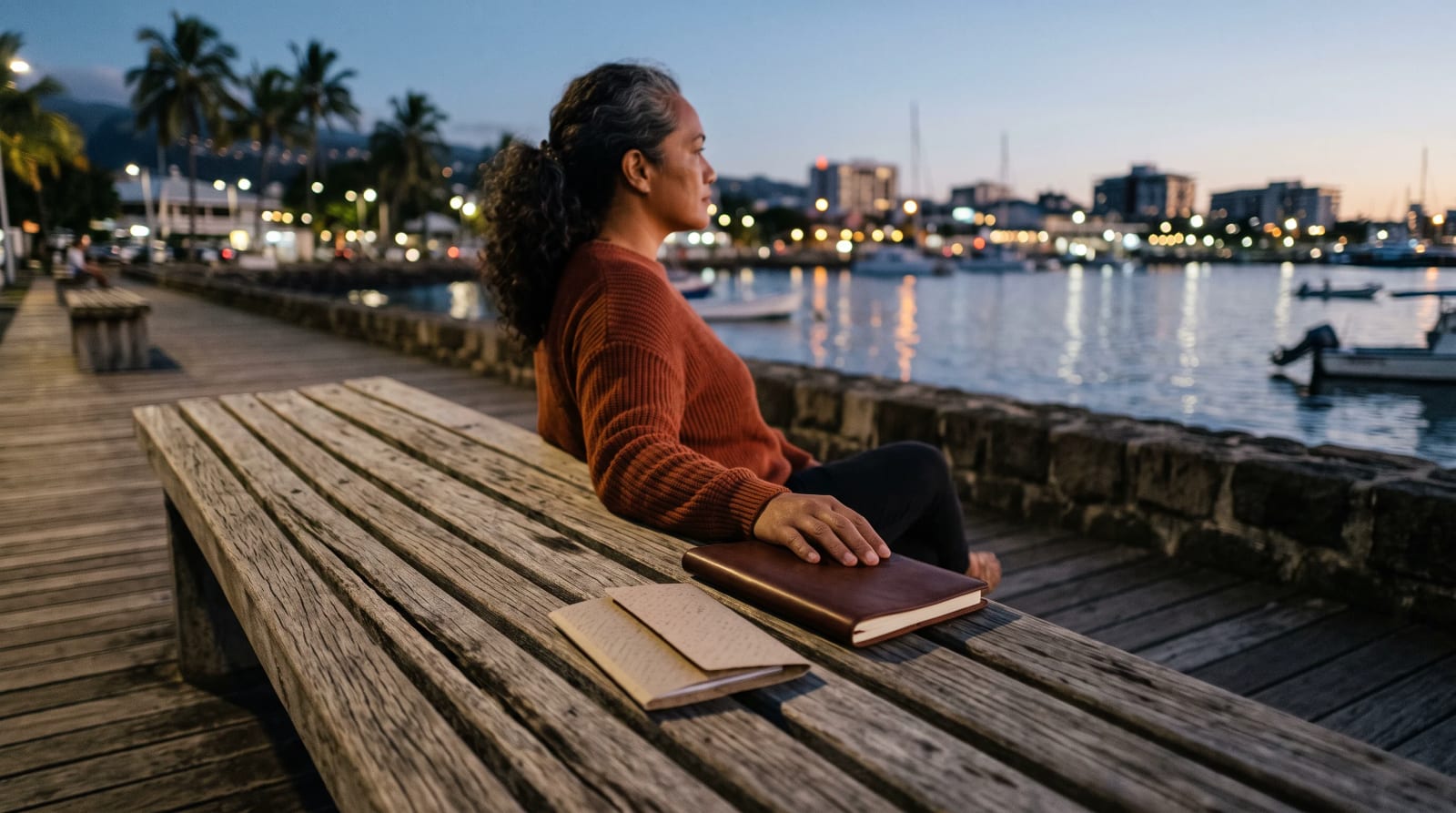 Traveler seated on a waterfront promenade bench at dusk with a closed notebook and key folder beside them
