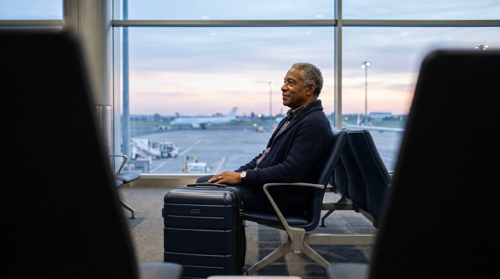 Traveler seated at a quiet airport gate window at dawn with a carry-on beside the traveler