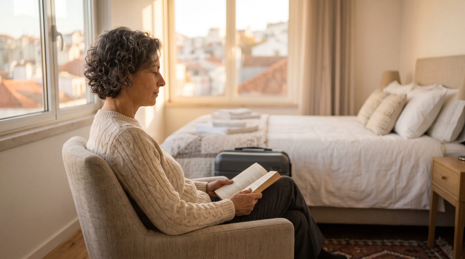 Traveler seated in profile in a guest-room armchair with a closed book, late-afternoon window light in Lisbon