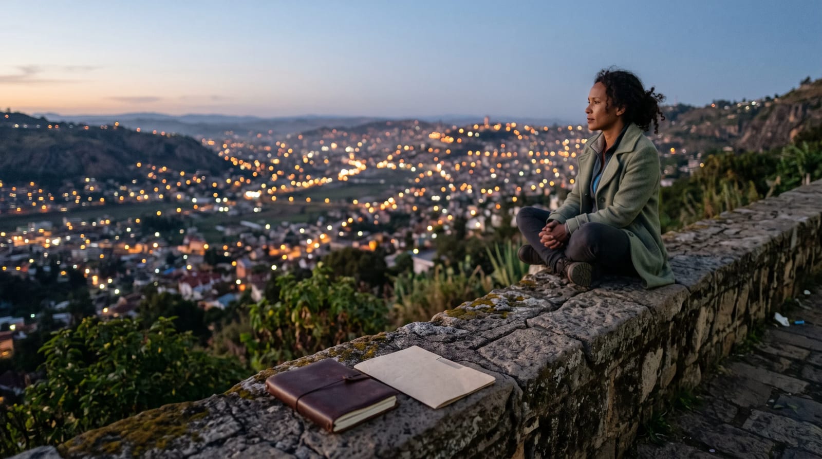 Traveler seated on a stone wall at a roadside overlook at dusk with a closed notebook and key folder beside her