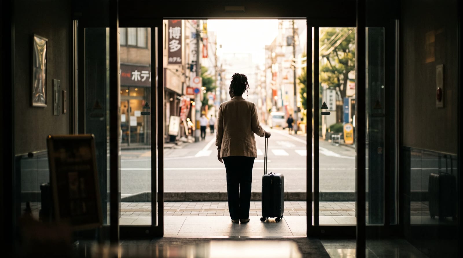 Traveler standing on a hotel curb beside a suitcase, seen from the doorway