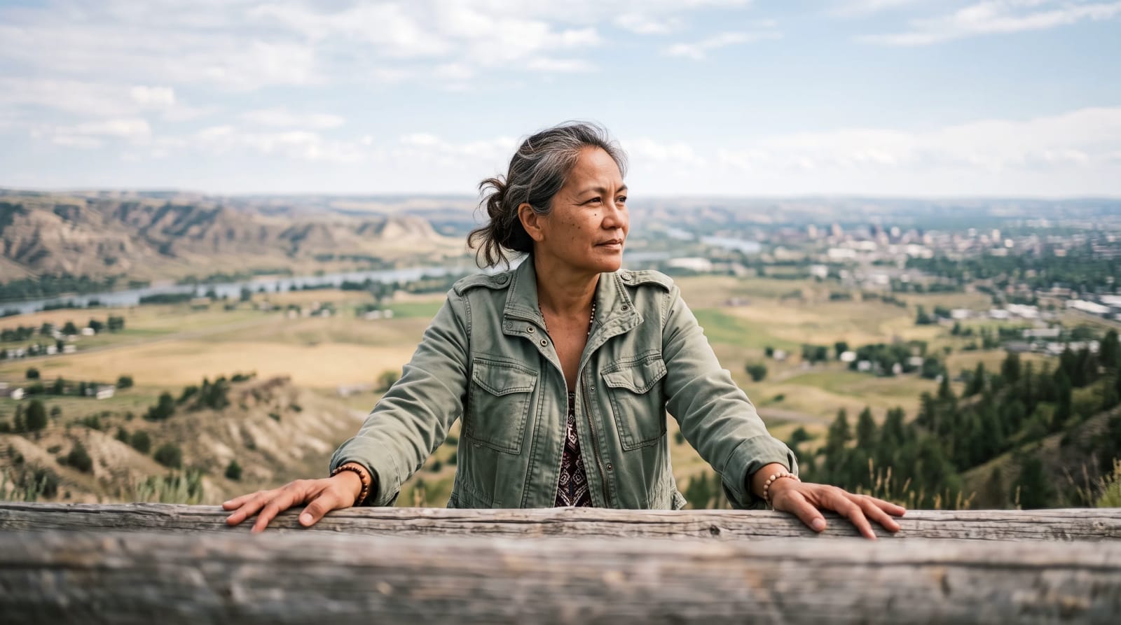 Traveler in a sage jacket leaning on a wooden fence at a quiet roadside pullout outside Billings, looking over a valley