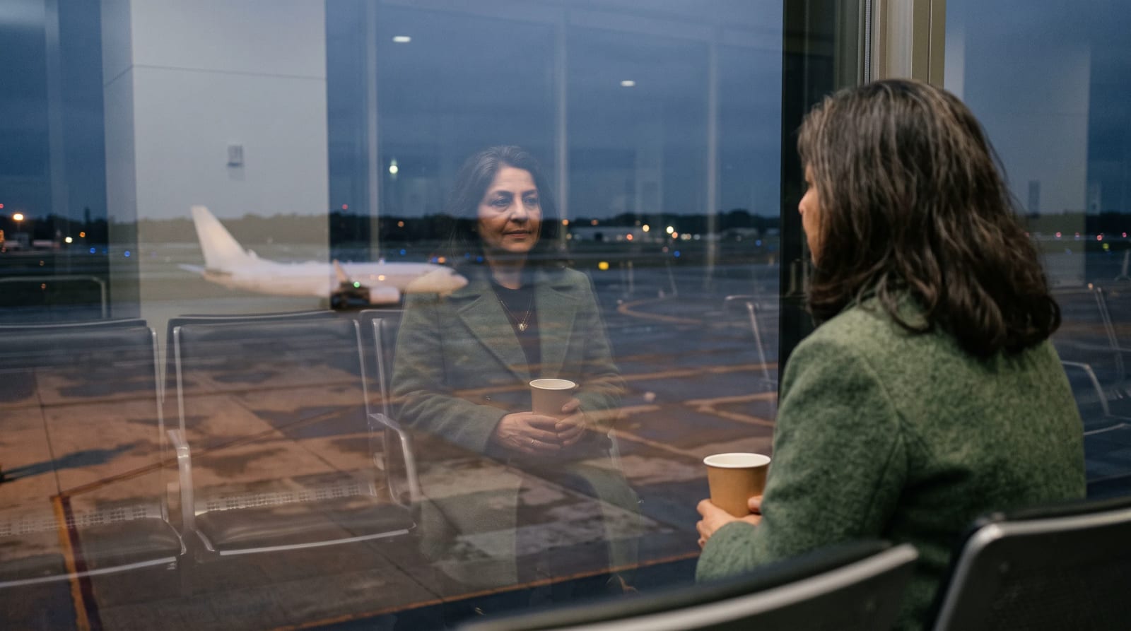 Traveler in a sage coat seated at a quiet airport gate, reflected in the window at dusk