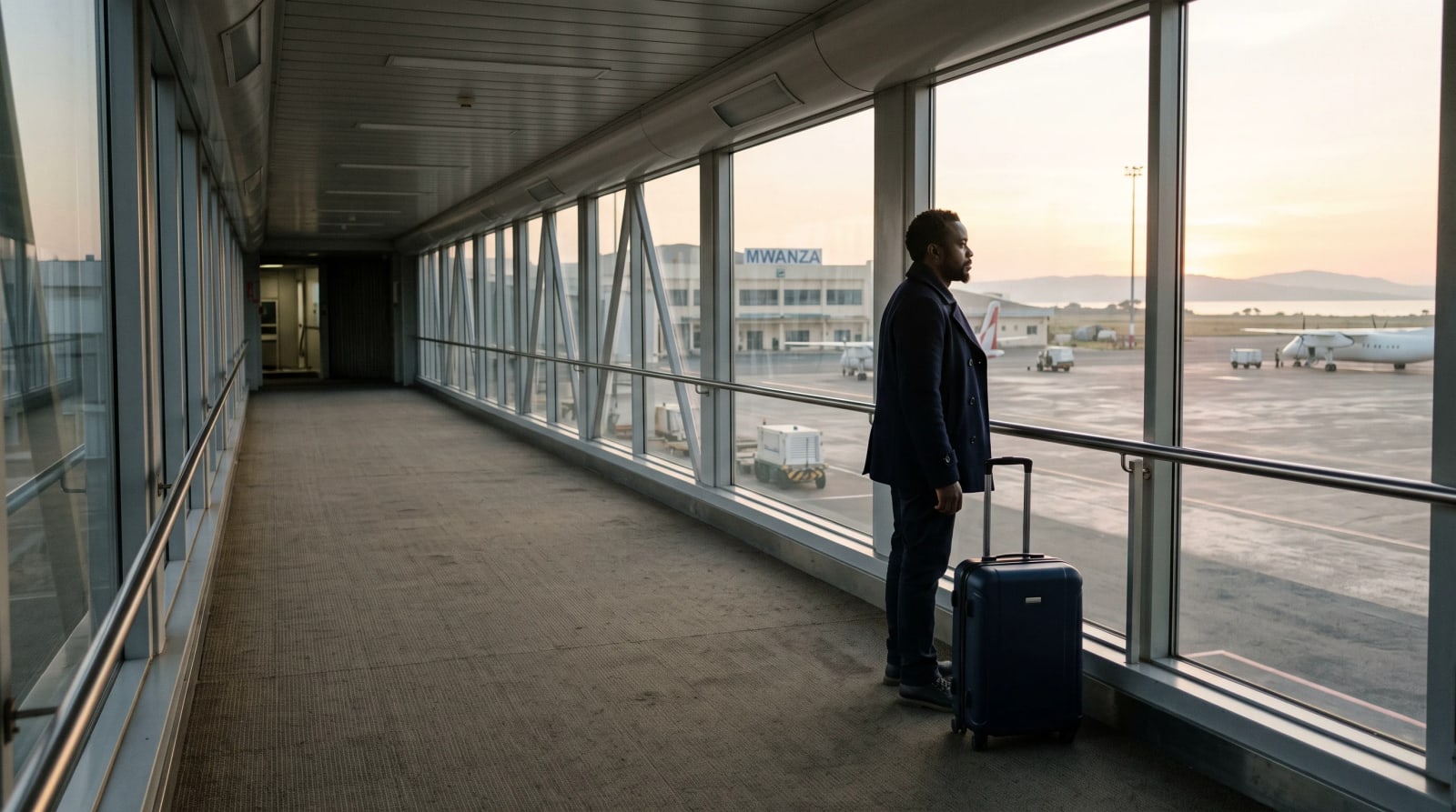 Man in a navy coat standing with a closed suitcase at a side window of an empty airport jet bridge in early morning light