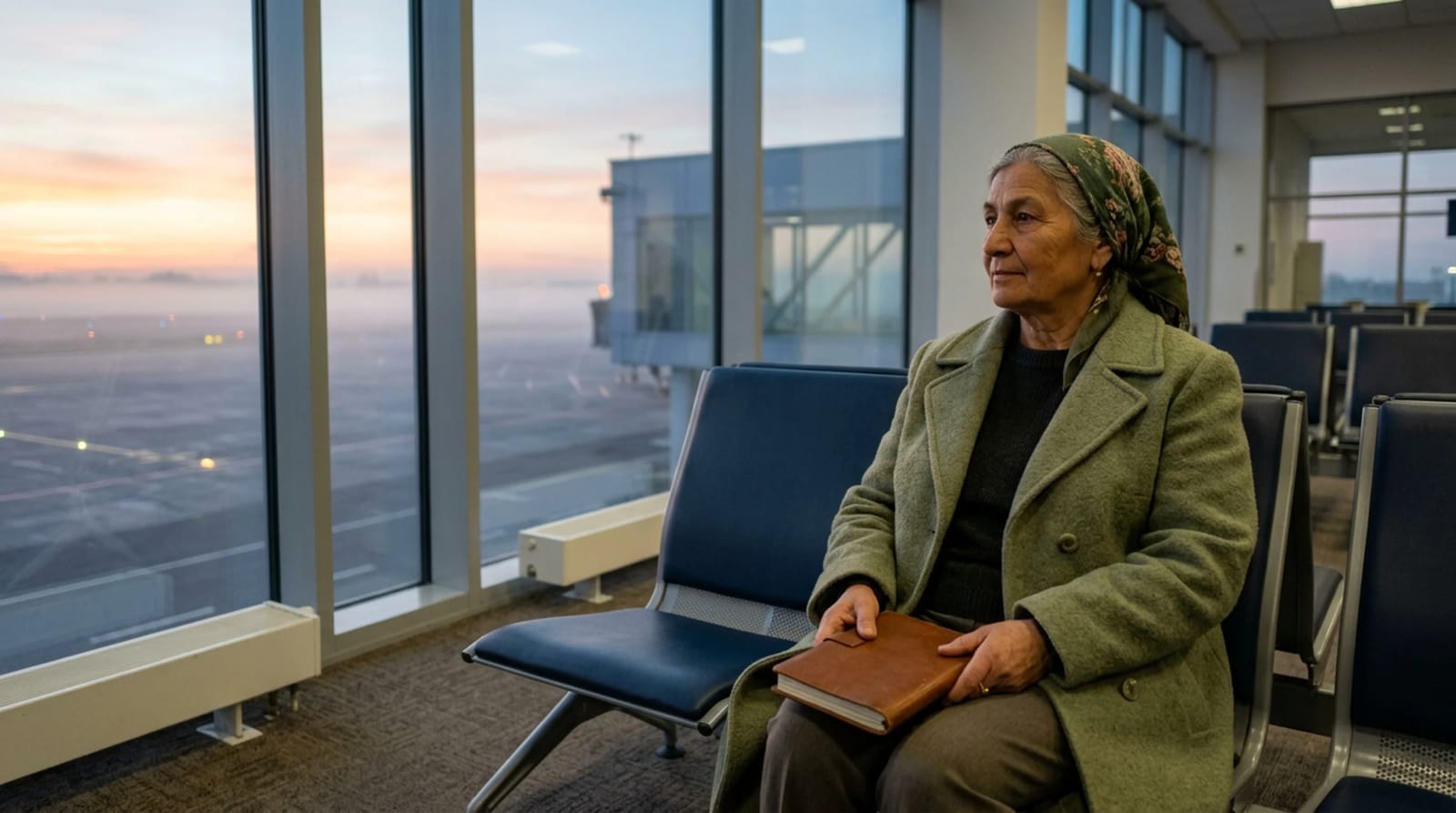 Traveler at an airport window seat looking over a quiet morning runway, hands resting on a closed notebook