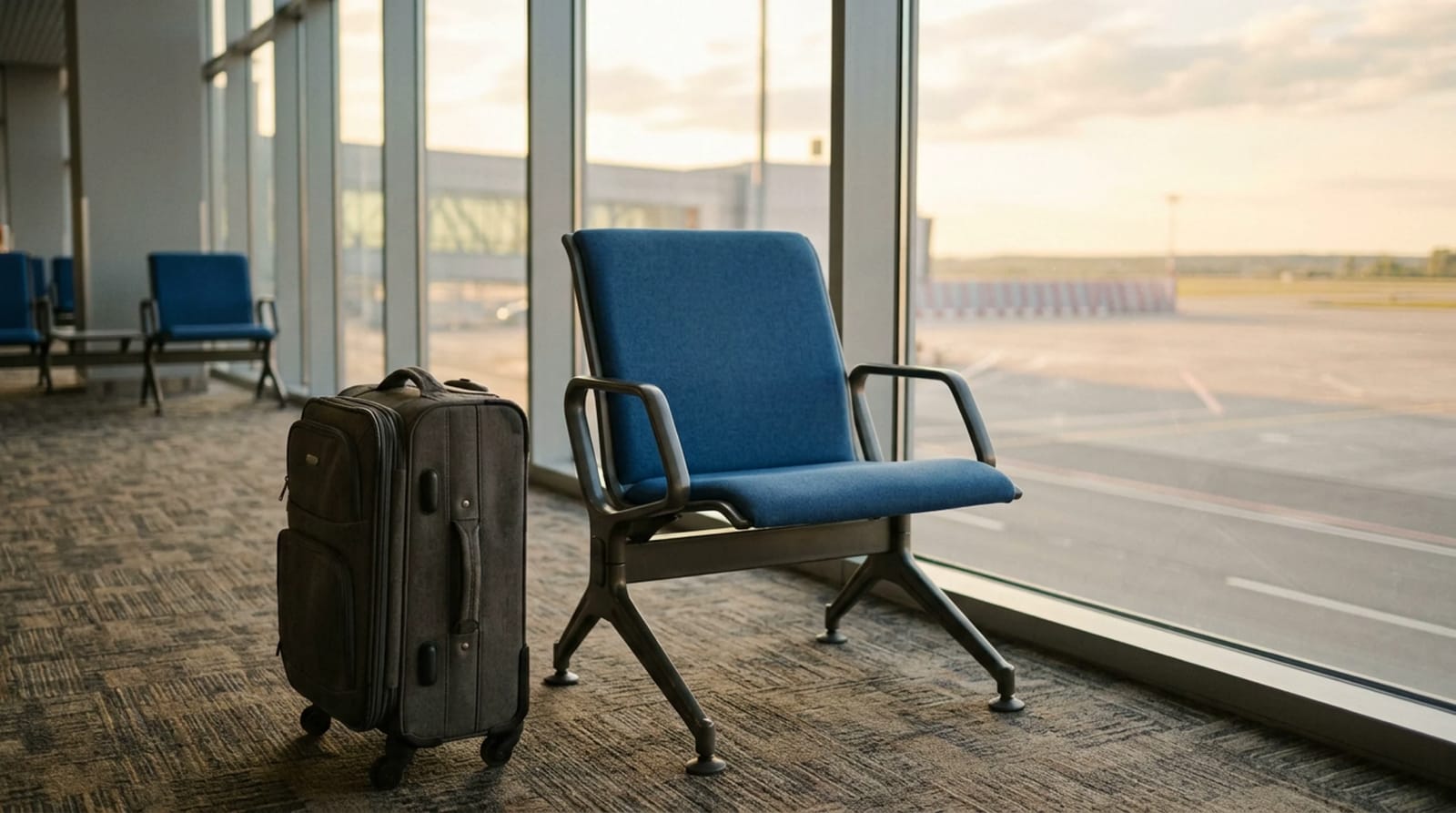 Small closed roller carry-on beside an empty seat in a sparse airport gate row facing a tall window, late-afternoon light