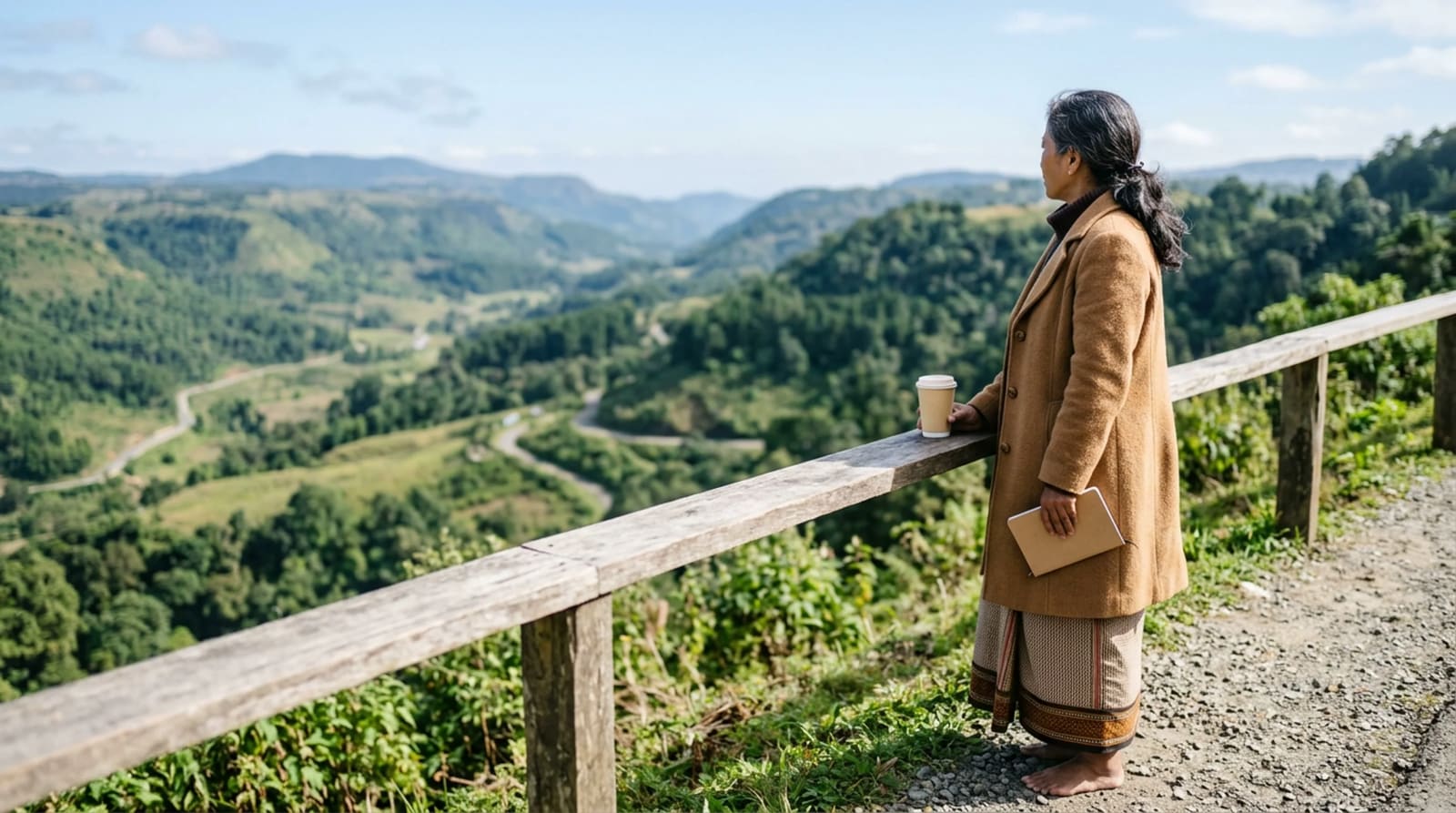 Traveler paused at a quiet overlook with a closed notebook and a paper cup