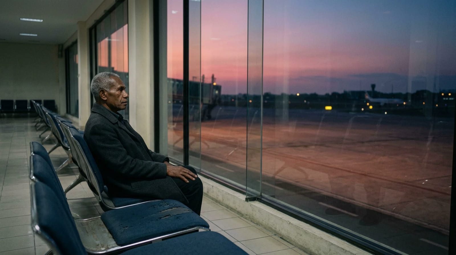 Man in a charcoal coat seated at the window end of a sparse airport gate row at dusk, hands folded in his lap