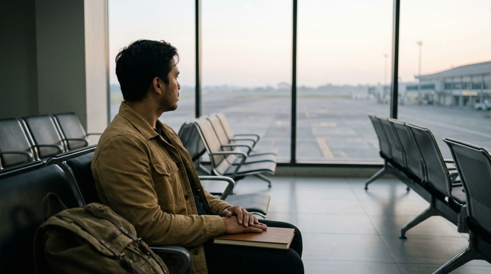 Traveler seated at an airport gate window with a closed notebook