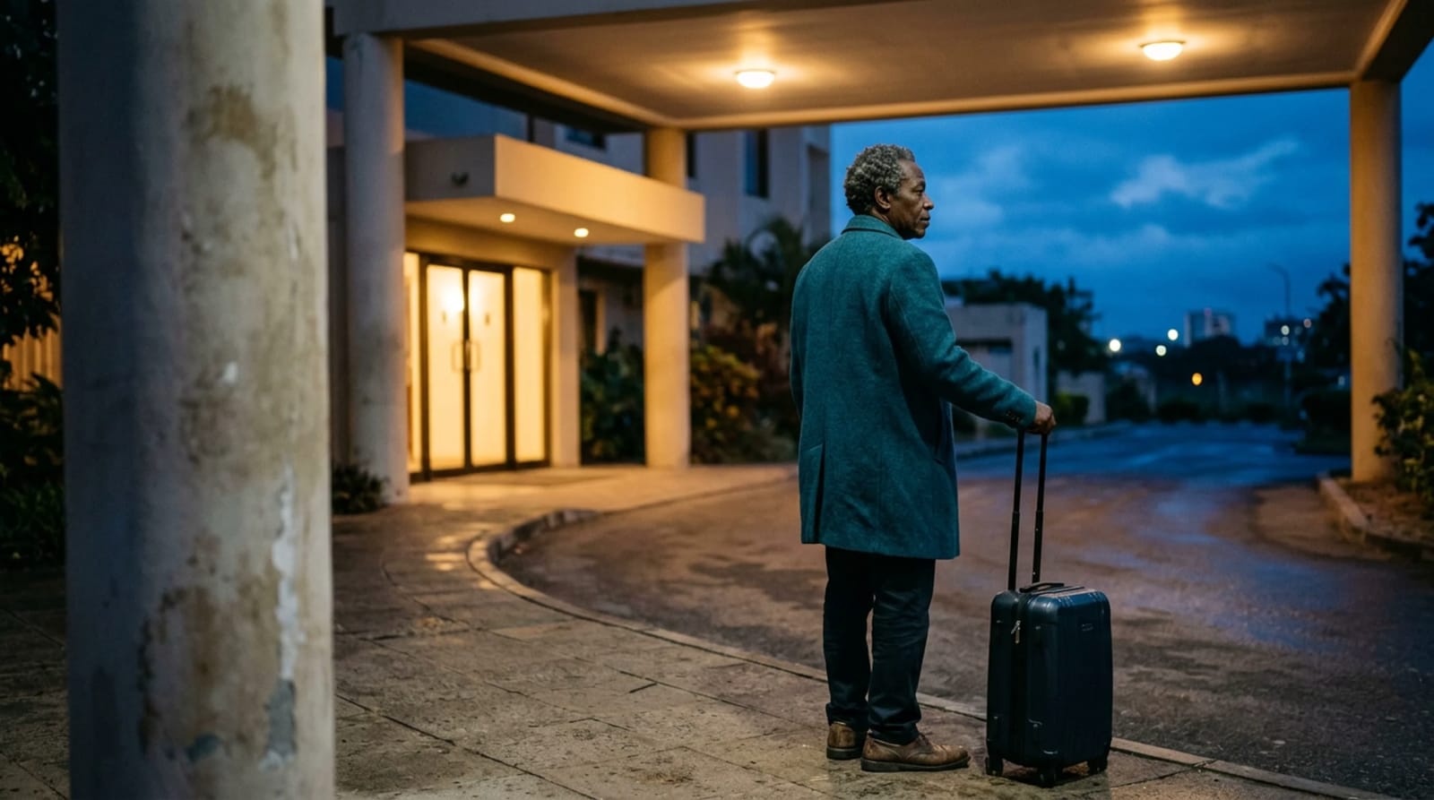 Man in a deep teal overcoat beside a closed roller suitcase under a plain hotel entrance canopy at dusk, warm lamps glowing