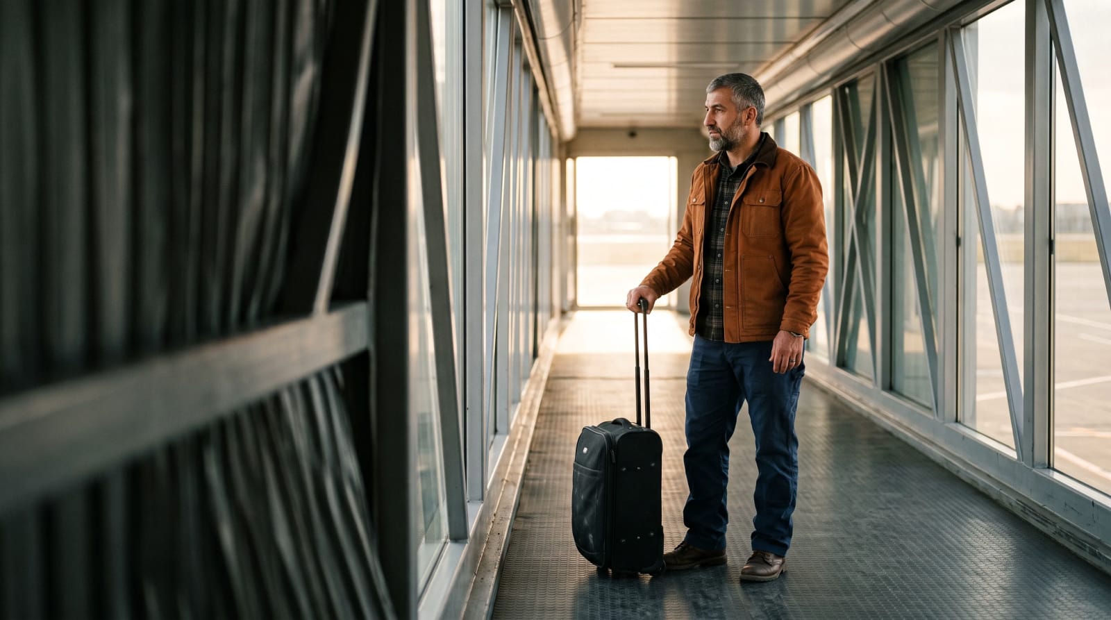 Man in a rust jacket standing with a small roller carry-on in an empty jet bridge, looking toward its bright far end