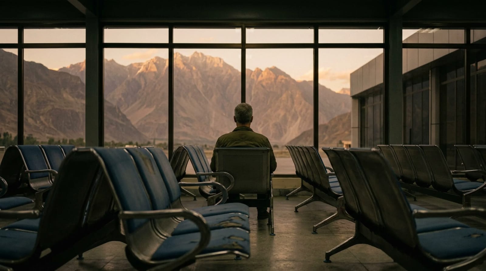 Traveler with a closed notebook seated at an airport window