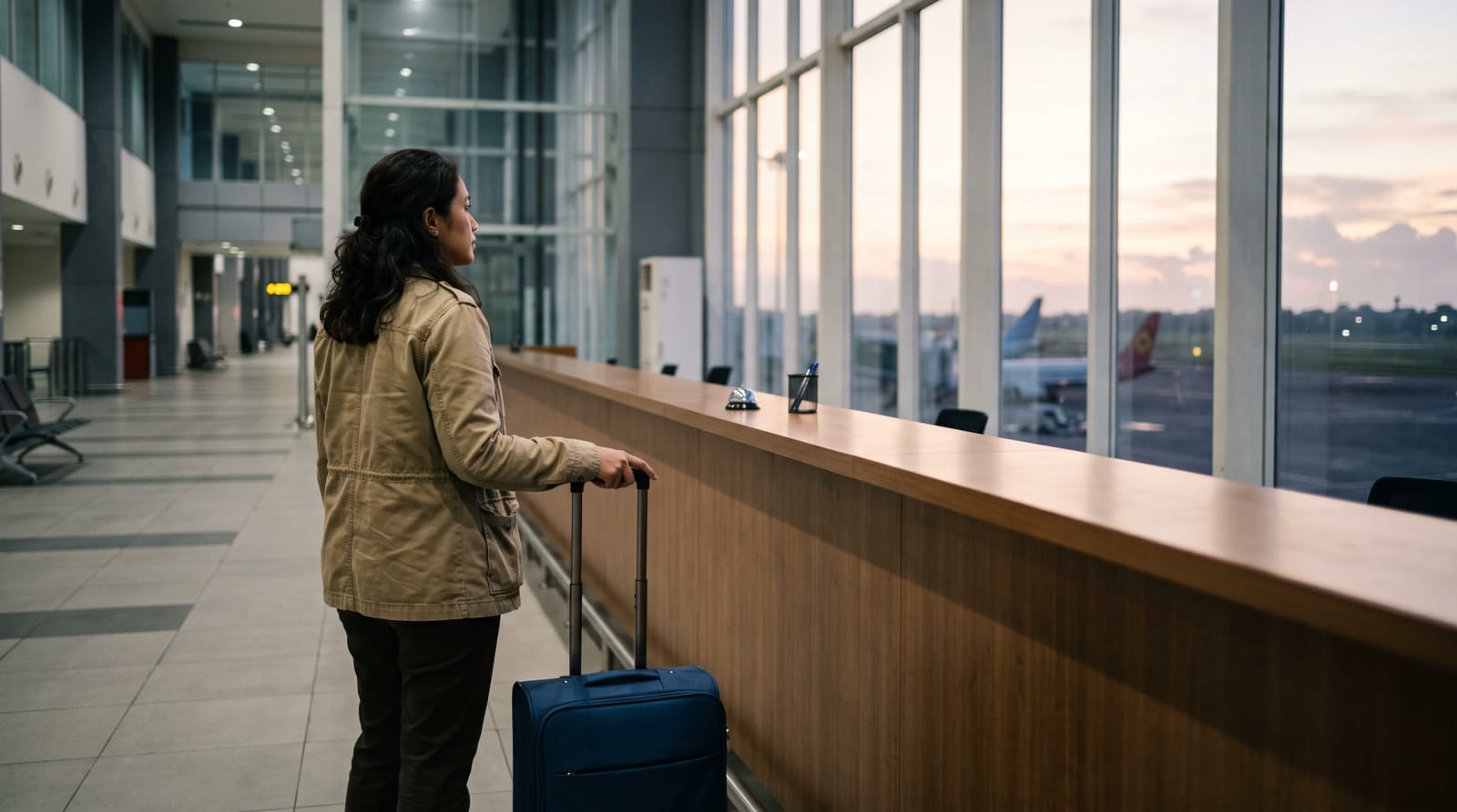 Traveler standing with a closed suitcase at an empty airport rental car counter in soft morning light