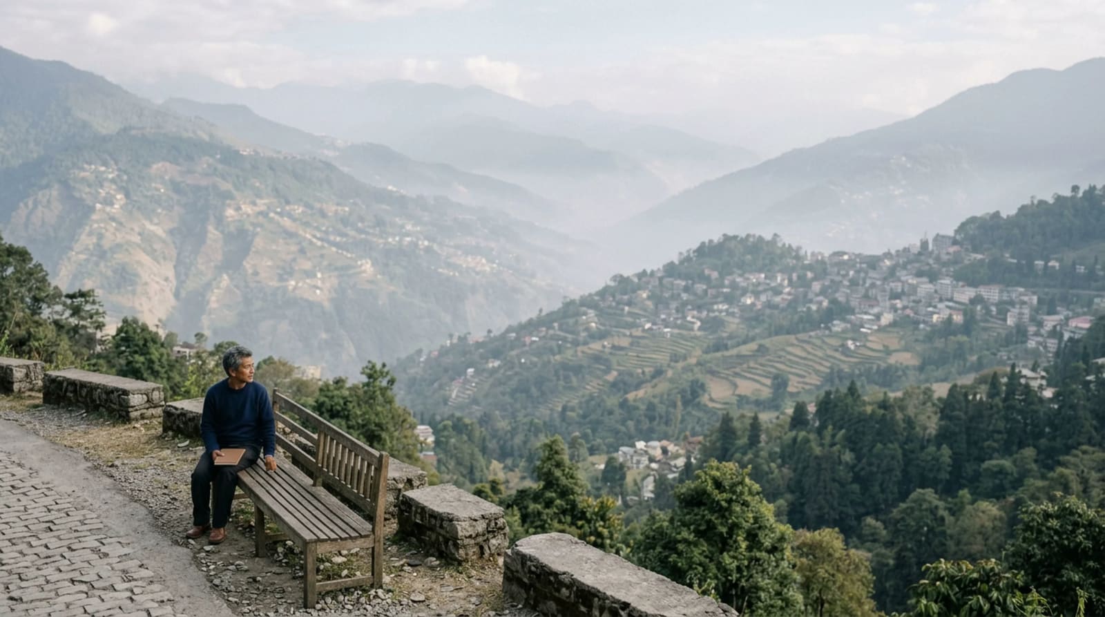 Man in a navy sweater on a wooden bench at a misty roadside overlook, closed notebook on his knee, paper cup beside him