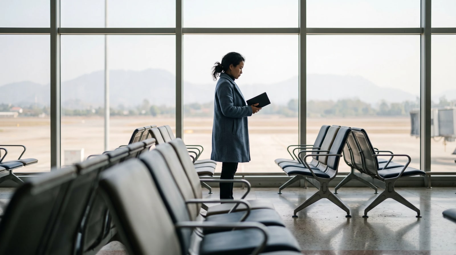 Traveler with a closed notebook pausing in soft daylight between an airport window wall and an empty seating row