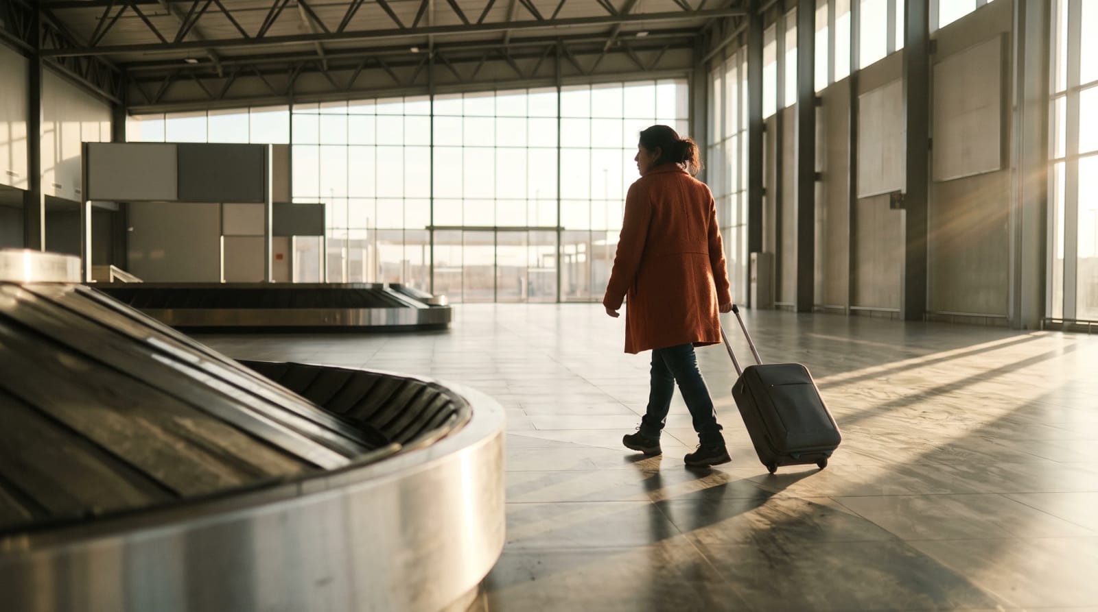 Woman in a terracotta wool coat rolling a charcoal carry-on across an empty baggage claim hall toward a sunlit glass wall