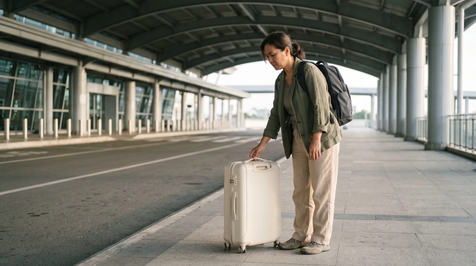 Traveler with a backpack setting one suitcase down at a quiet airport departures curb