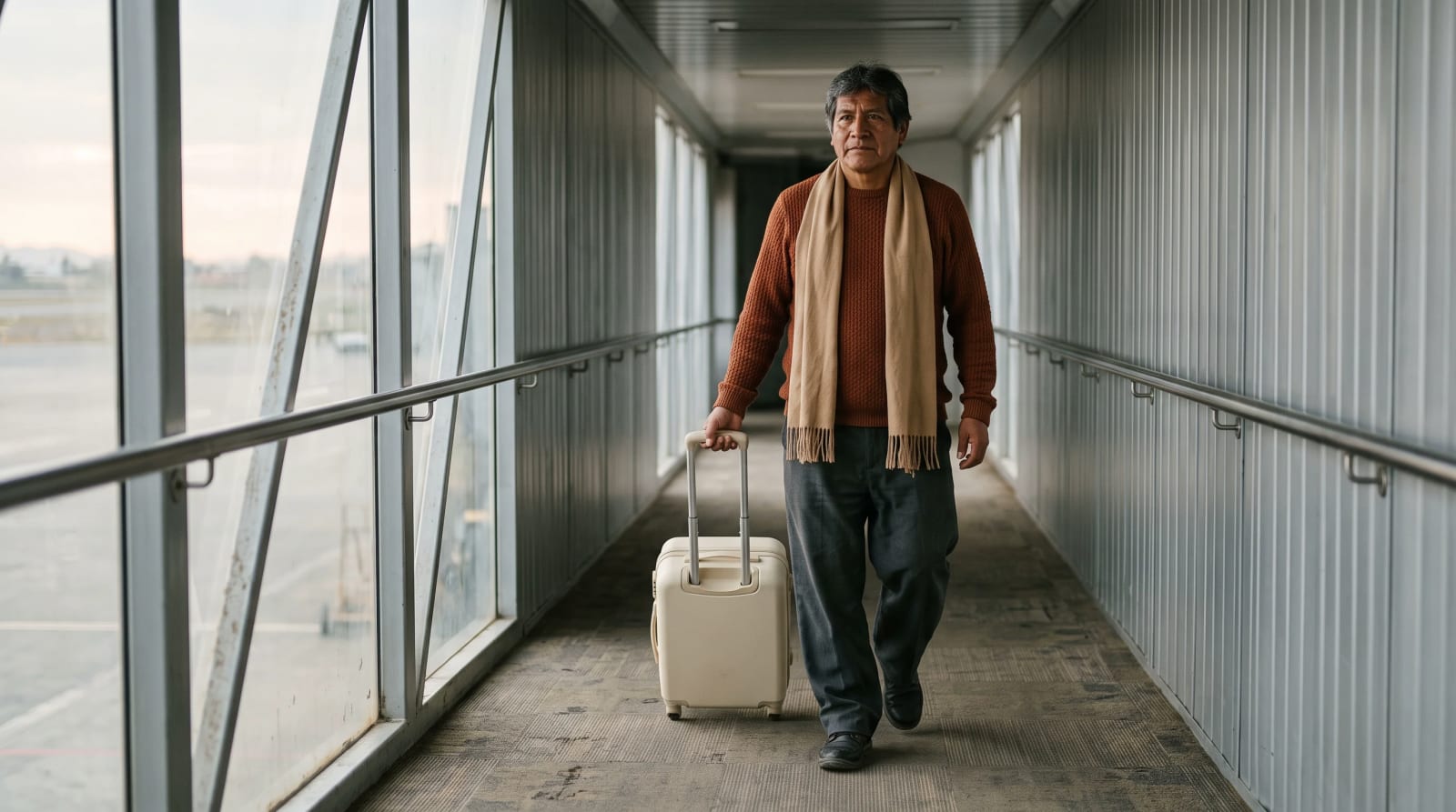 Traveler with a carry-on suitcase walks a jet bridge at morning boarding.