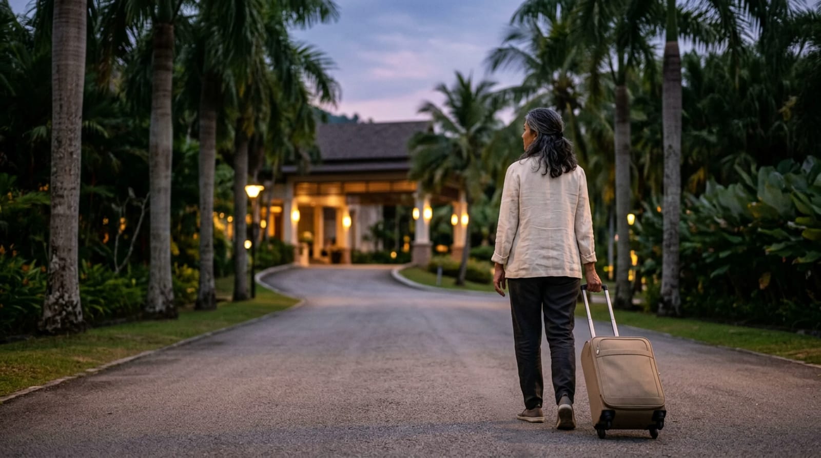 Traveler pulling a carry-on suitcase up a palm-lined resort entrance drive at twilight.