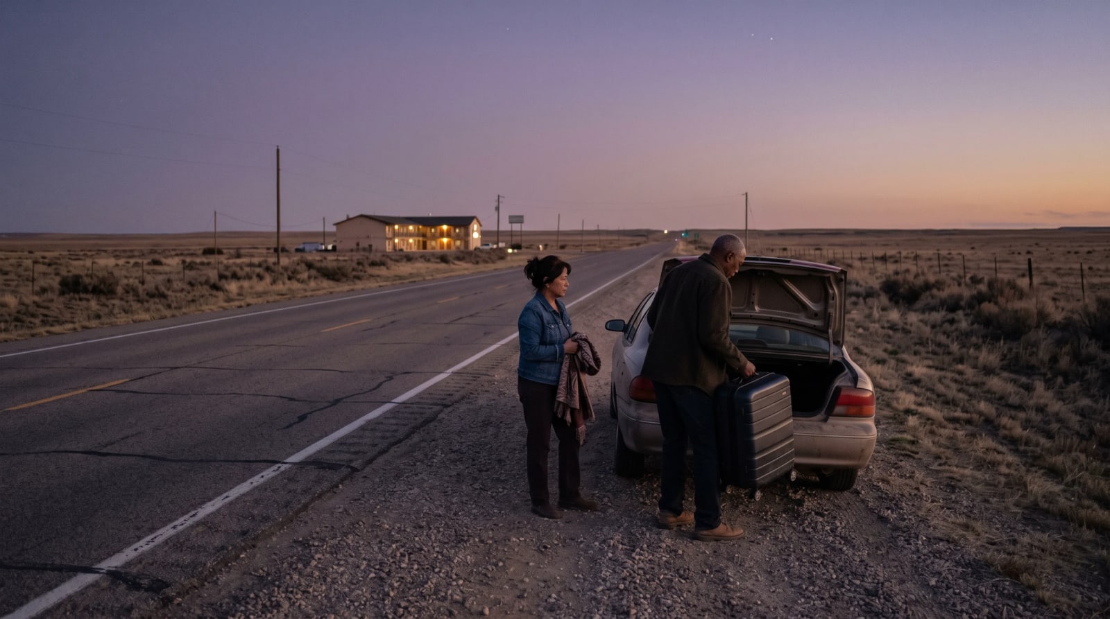 Scenic US highway stretching toward a midscale hotel under a dusk sky