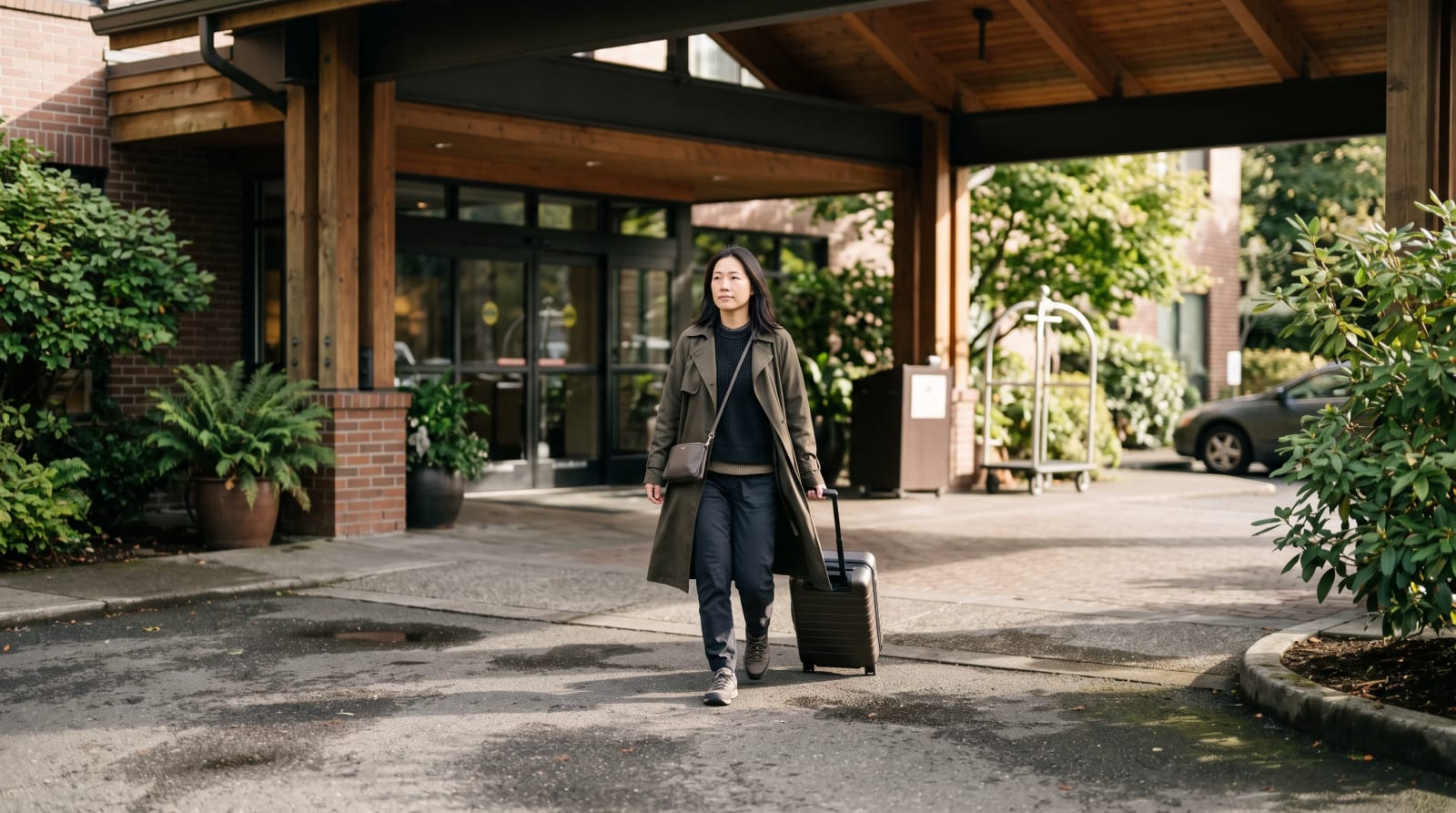 A traveler arriving at Portland hotel porte-cochere with carry-on