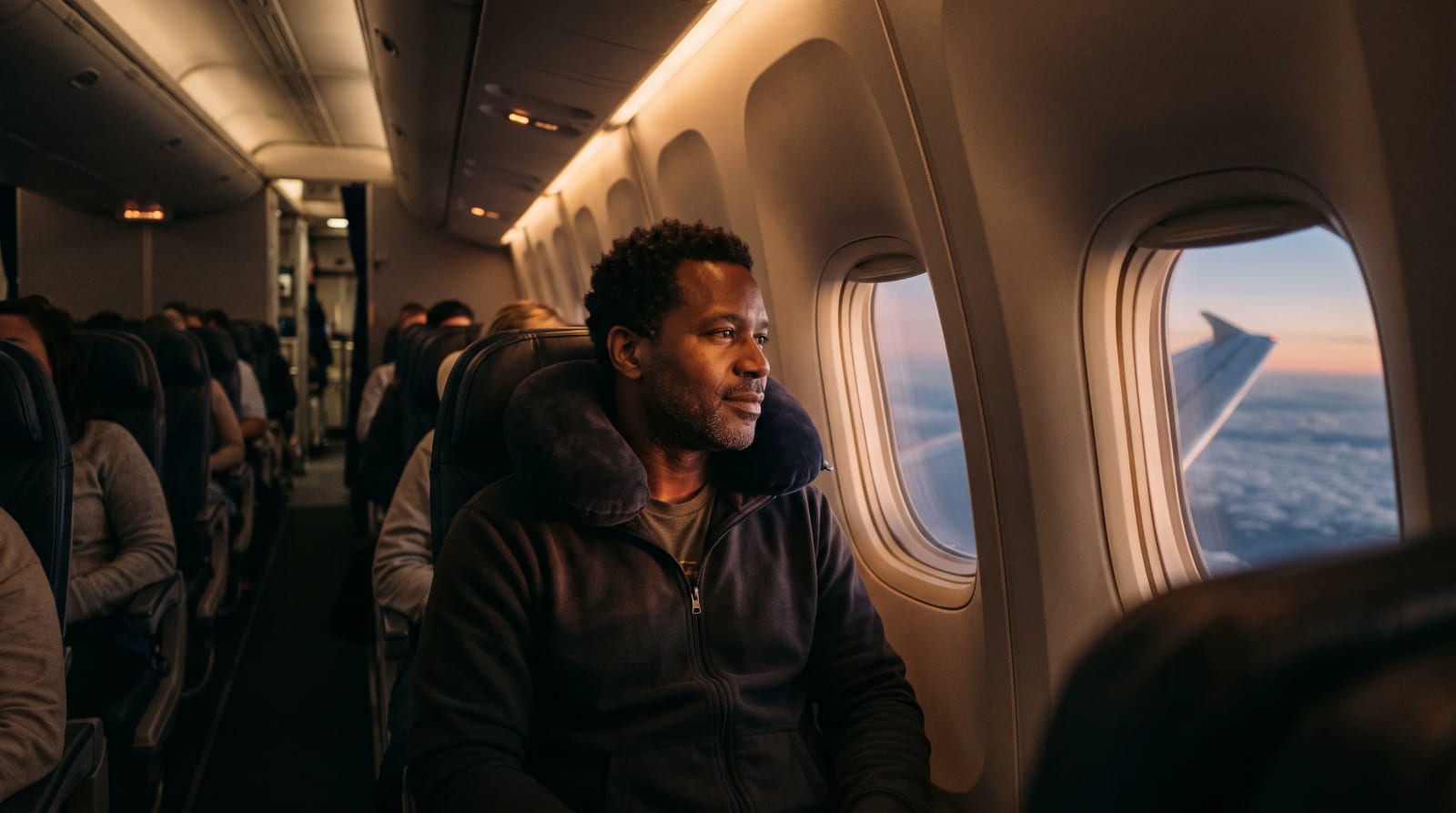 A traveler sits by aircraft window at dusk with travel pillow