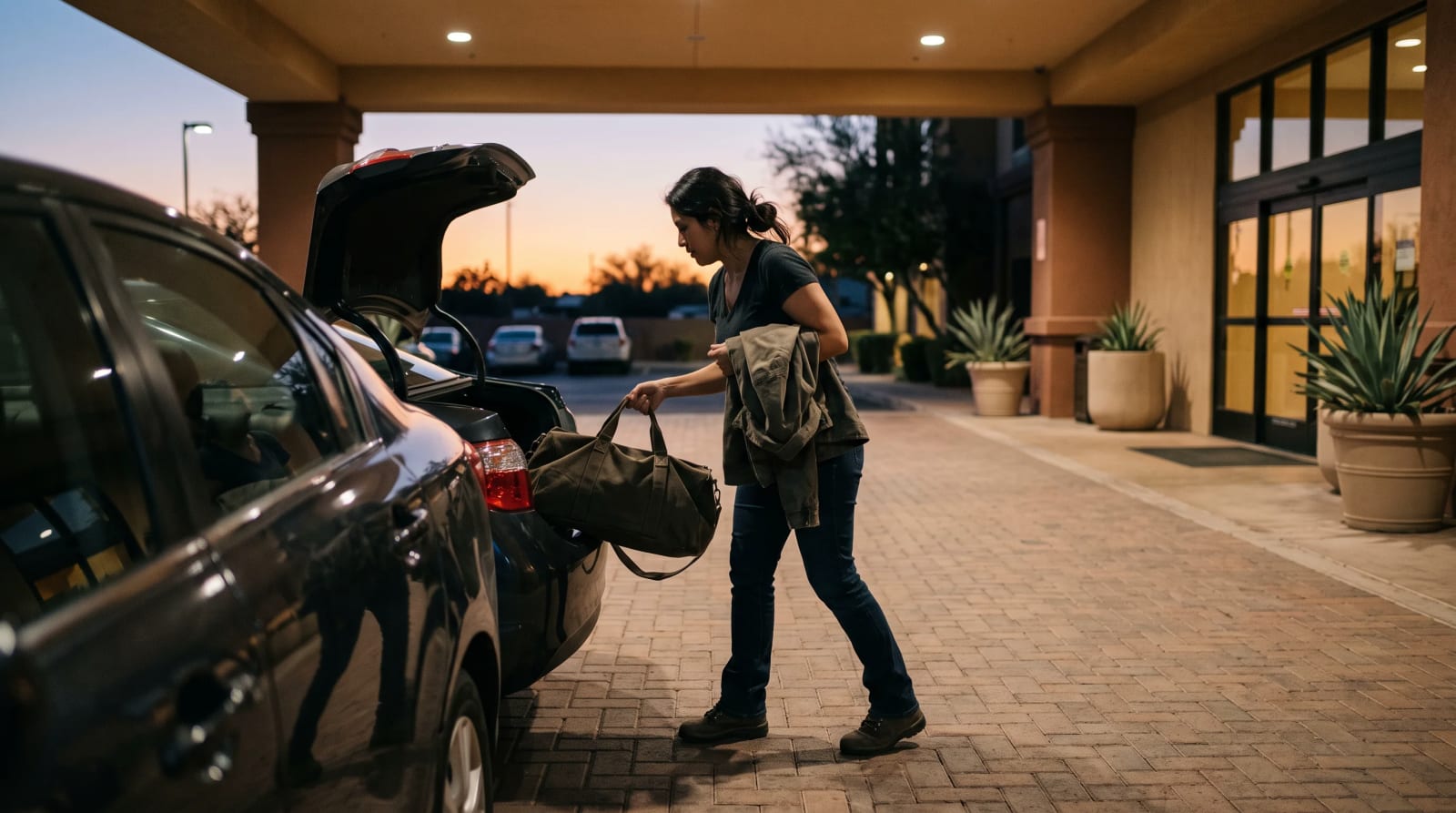 A traveler stepping from a car with a duffel at a hotel porte-cochere in Phoenix