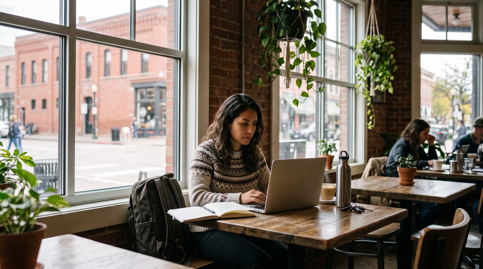 A traveler comparing flight options on a laptop in a Denver cafe