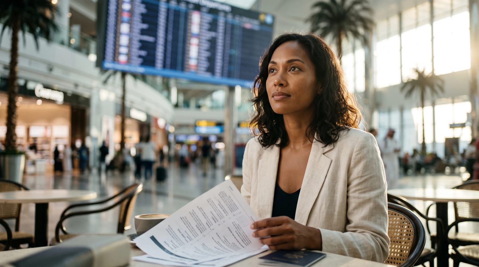 Departures board at a busy international airport hub with a printed multi-city itinerary