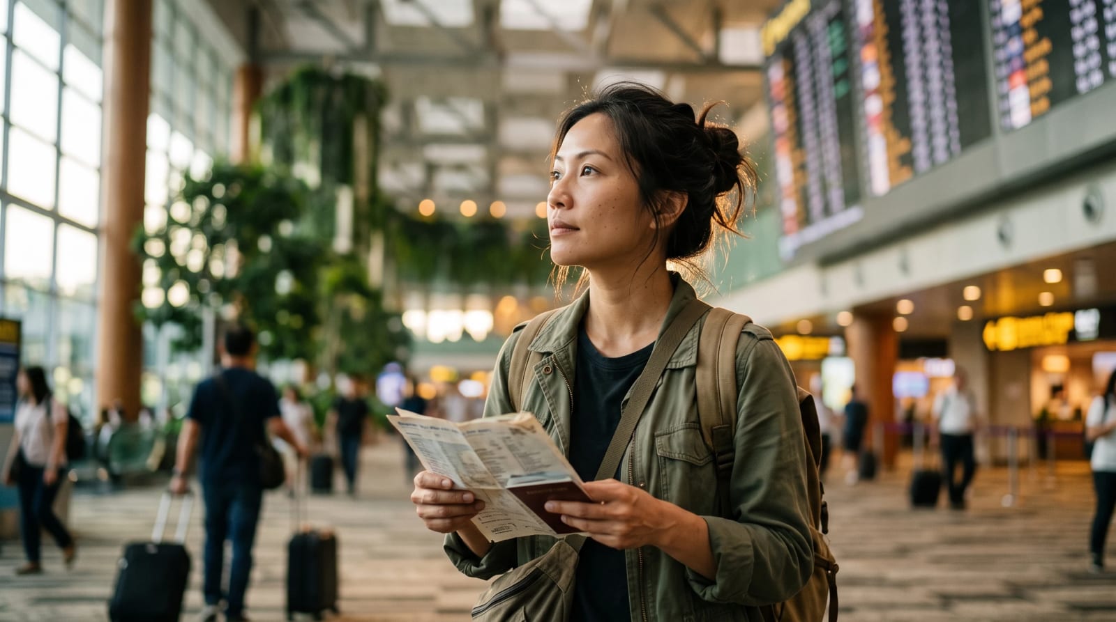 A traveler at an airport departures board planning an award trip with a paper itinerary