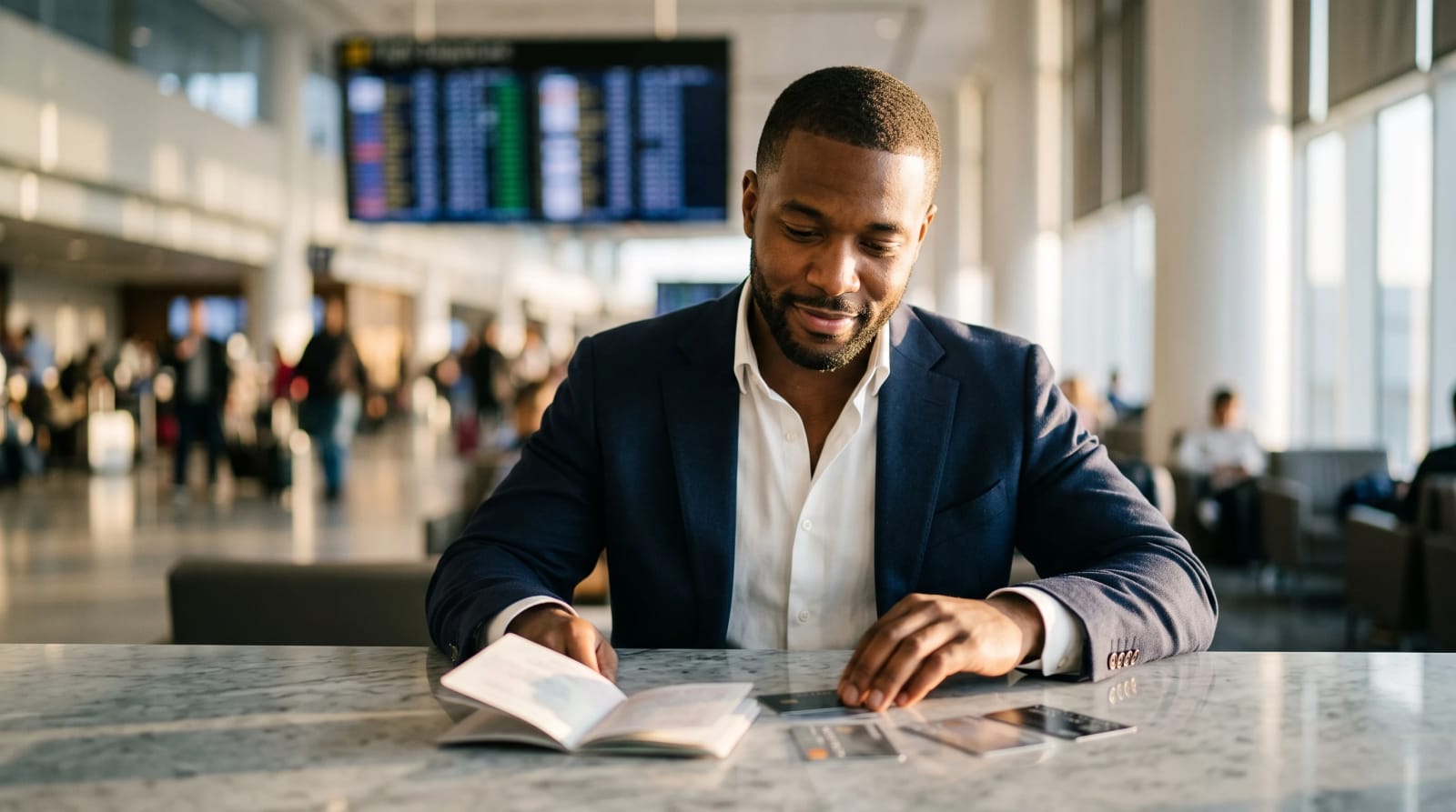 Airport departure board above a lounge table with business credit cards and a passport